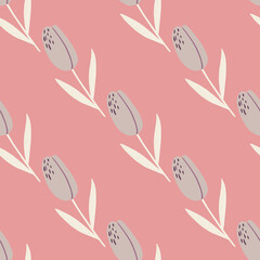 Minimalistic seamless flower pattern with tulip ornament. Light pink background. Pastel palette artwork.