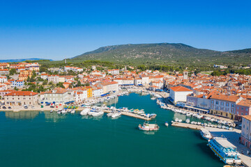 Naklejka na ściany i meble Panoramic view of marina and old town of Cres on the island of Cres, Adriatic sea in Croatia