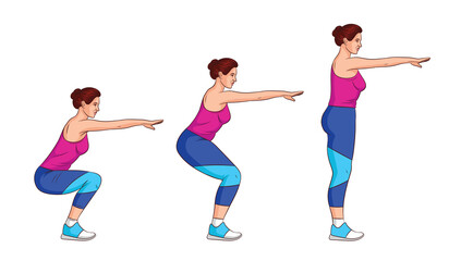Color vector illustration isolated on white background. Side view girl trains with her own weight. Attractive girl in sportswear is exercising. Set for animation girl squats