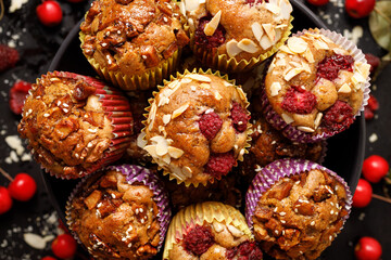 Homemade muffins with raspberries and nuts in a black bowl close up. Delicious dessert