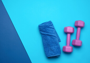 pair of purple dumbbells and blue towel on a blue background