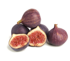 ripe whole and halved purple figs isolated on white background