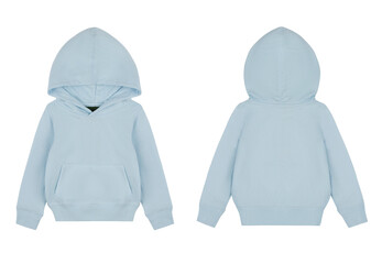 Blue kid's sweatshirt with a hood. Front and back view