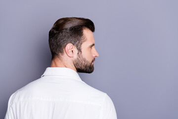 Back rear spine profile side photo of minded pensive macho guy look copyspace have skincare beard...