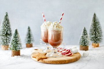 Hot chocolate or coffee with whipped cream  served with a candy cane, marshmallows, and gingerbread...
