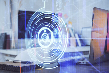 Multi exposure of desktop computer and technology theme hologram. Concept of software development.
