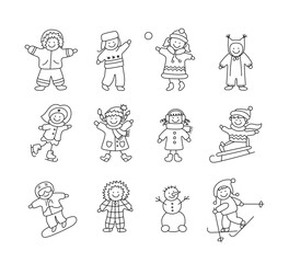 Active children in winter. Cute kids play outdoor with snow. Set of doodle isolated vector objects on white background