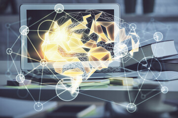 Double exposure of work space with computer and human brain drawing hologram. Brainstorm concept.