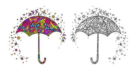Hand-drawing of beautiful umbrellas with ornament. Coloring set vector isolated on white background.