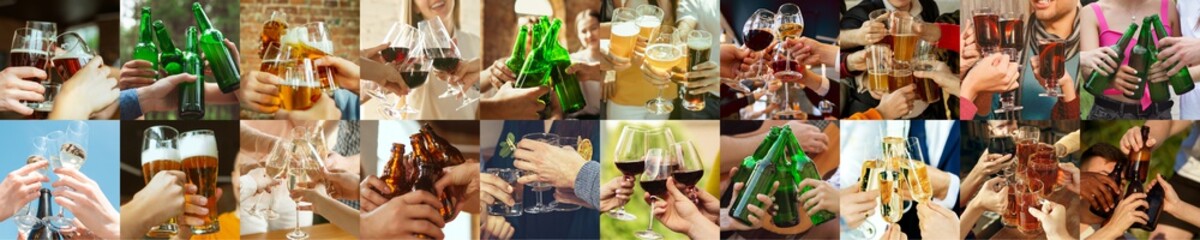 Collage of hands of young friends, colleagues during beer drinking, having fun, clinking bottles, glasses together. Collage design. Oktoberfest, friendship, togetherness, happiness, holidays concept