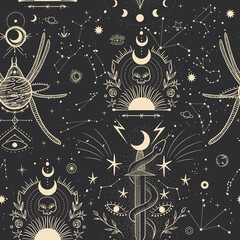 Vintage retro vintage engraving style. the sun, moon phases, crystals, magic symbols. print in the interior and design. vector graphics