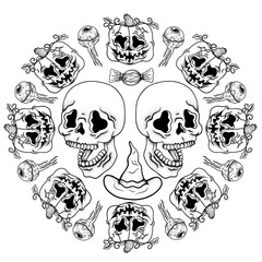 Halloween skull and pumpkin background circle