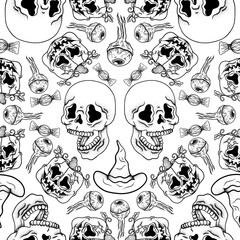 Fototapeta premium Halloween seamless pattern skull and pumpkin background