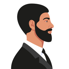 Bearded Caucasian, Arab man, businessman profile avatar. Black hair. Vector illustration.