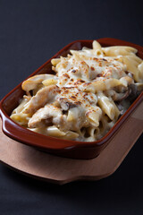 Baked creamy mushroom pasta vertical view
