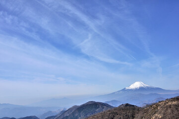 冬晴れの空に巻雲 丹沢山地と富士山