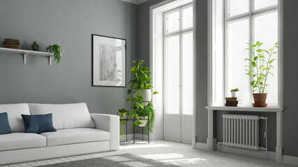 Fototapeta na wymiar Wohnzimmer mit Sofa und skandinavischer Inneneinrichtung