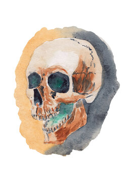 Stock Isolated illustration of skull with opened jaw on orange black background with distinctive watercolor splashes. Ideal for tattoo, t-shirt design, barbershop or the Day of the Dead decoration.