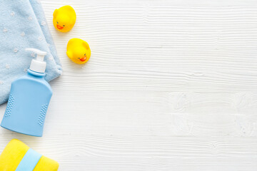 Flat lay of baby organic cosmetic for bath, overhead view