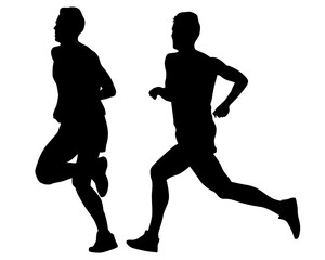 Young athletes run a marathon. Isolated silhouettes on white background