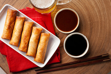 .Fried spring rolls. Traditional asian food. Top view