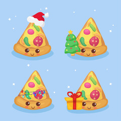 Kawaii Pizza Christmas festive collection. Cute funny cartoon character hand drawn illustration. Vector Merry Xmas & Happy New Year food set. Fast food seasonal promotion, sale, card, poster, print.