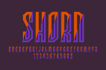 Shorn artistic display font. Complex orange purple letters, numbers and currency signs. Isolated vector english alphabet.