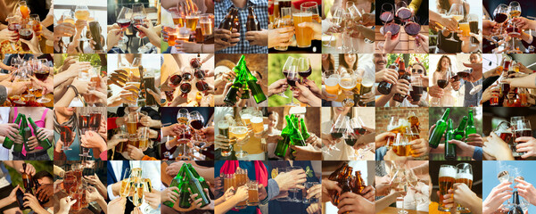 Collage of hands of young friends, colleagues during beer drinking, having fun, clinking bottles, glasses together. Collage design. Oktoberfest, friendship, togetherness, happiness, holidays concept