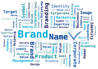 Dénomination de Marque - Nuage de Mots dans divers Tons de Bleus avec symbole V