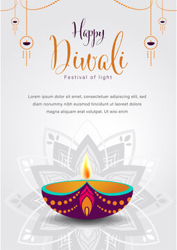 Happy Diwali or Deepavali Vector Illustration, Indian Festival of Diya Lights Poster Template, Diwali Celebration Flat Design, Suitable For Header Web Flyer and Background