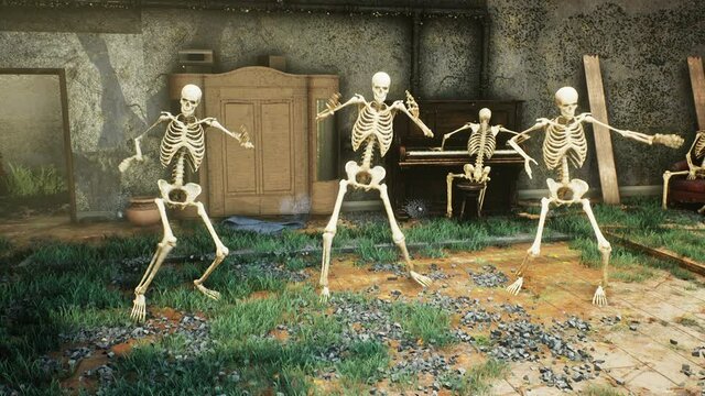 Seamless animation of creepy skeletons dancing a fun dance in an old ruined house. The concept of a post-apocalyptic world or Halloween horror.