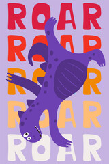 Children's poster with purple dinosaur dancing in cartoon style. Cute concept wiht lettering Roar. Illustration for the design postcard, textiles, shirt. Vector
