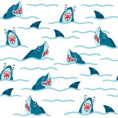 Seamless pattern with Sharks in cartoon style. Comic sharks emotions. Background with funny sea colors for children's room design, clothing, textiles, Wallpaper, digital paper. Vector illustration