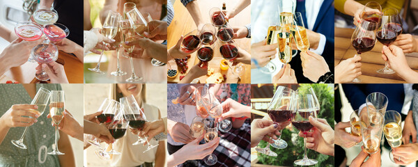 Collage of hands of young friends, colleagues during beer drinking, having fun, clinking bottles, glasses together. Collage design. Oktoberfest, friendship, togetherness, happiness, holidays concept