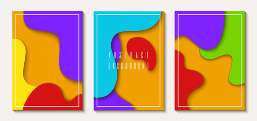 Set of vertical A4 banners with 3D abstract background with multicolored paper cut waves. Wavy geometric poster. Fashionable composition of colored shapes cut out of paper.