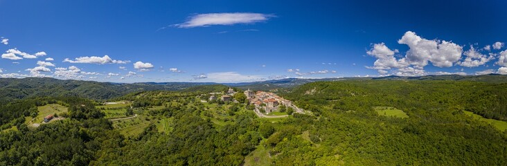 Fototapeta na wymiar Panoramic aerial drone picture of Hum in Croatia, the smallest city in the world, during daytime
