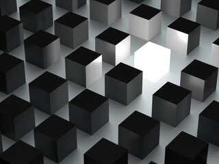Individuality concept, one shining cube among grey cubes