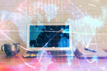 Multi exposure of business theme icons and work space with computer background. Concept of success.