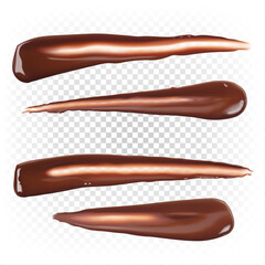 Chocolate smeared long stripes. Liquid chocolate cream, ganache. Cosmetics, dessert. Set vector illustration isolated on white background.