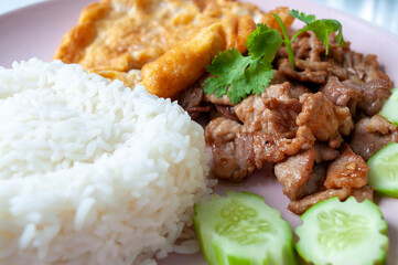 Fried Pork with Garlic Pepper Rice and Omelette, Popular Thai Food
