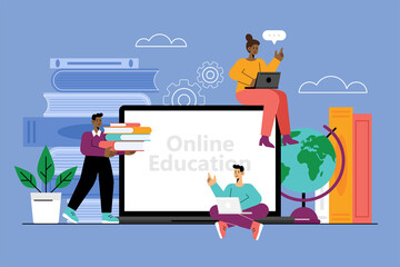 Online education concept with laptop computer, books and students. Vector illustration