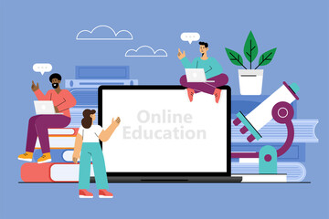 Online education concept with laptop computer, books and students. Vector illustration