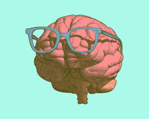 Retro brain with glasses illustration on green BG