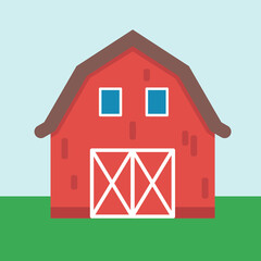 Red barn (front view) with the background of green field and blue sky © Manas
