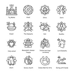 Obraz premium Indian culture line icons set. National traditions and customs, festivals, religious symbols and idols, cultural monuments and more. Isolated vector illustrations. Editable stroke 