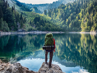Active tourist with backpack standing at mountain lake and pine wood background
