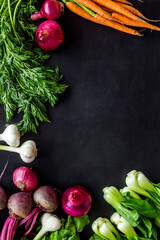Healthy food. Vegetables - carrot, beet, potato - top view frame copy space