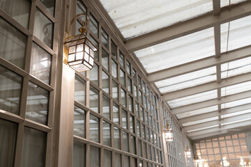 interior view of classic wall lantern or lamp mounted on wall with copy space