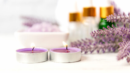 Spa beauty massage health wellness background.  Spa Thai therapy treatment aromatherapy for body woman with lavender flower nature candle for relax and summer time.