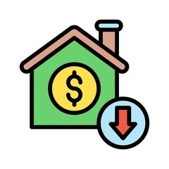 economic recession related house building with dollar penni and arrow vectors with editable stroke,